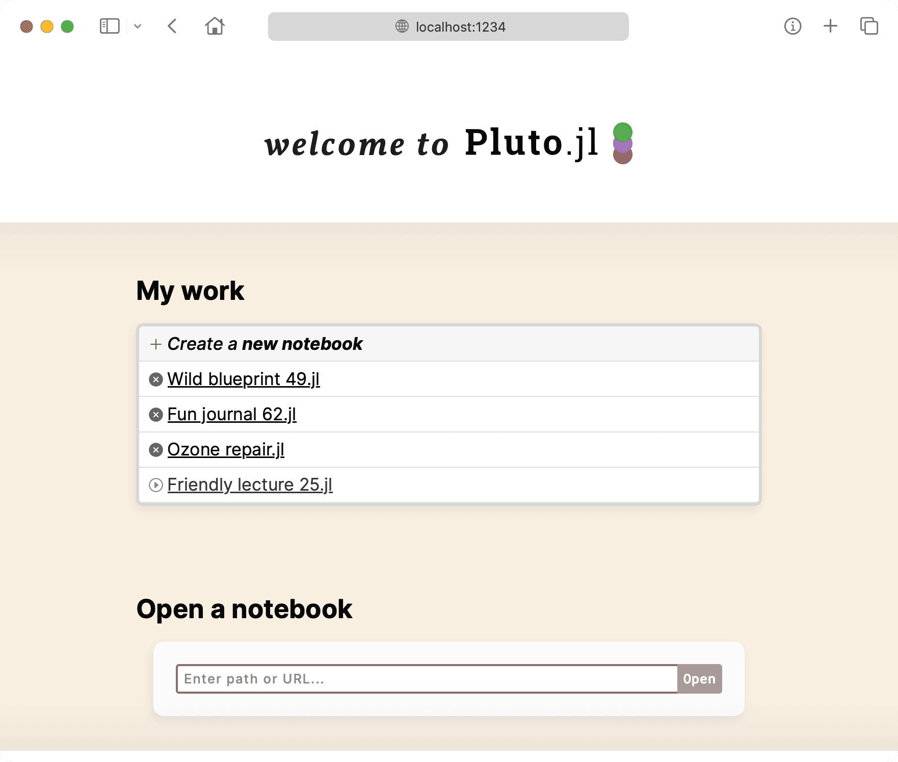 screenshot of the Pluto main menu, showing recent notebooks and a textbox to open a recent notebook